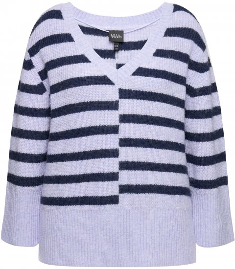 Ulla Popken Split Stripe Long Sleeve V-Neck Sweater Blue Grey - Pulovere & hanorace - 