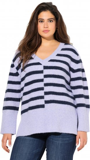 Ulla Popken Split Stripe Long Sleeve V-Neck Sweater Blue Grey - Pulovere & hanorace - 
