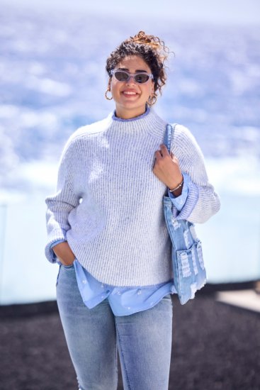 Ulla Popken Striped Wool Blend Turtleneck Sweater Sky Blue - Pulovere & hanorace - 