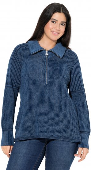 Ulla Popken Two-Tone Mixed Knit Troyer Collar Sweater Navy - Pulovere & hanorace - 