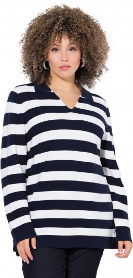Ulla Popken Striped Polo Collar Long Sleeve Sweater Navy - Pulovere & hanorace - 