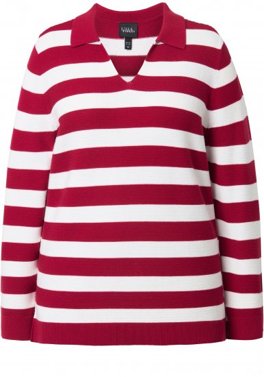 Ulla Popken Striped Polo Collar Long Sleeve Sweater Ruby Red - Pulovere & hanorace - 