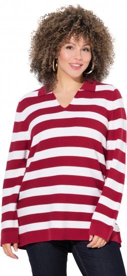 Ulla Popken Striped Polo Collar Long Sleeve Sweater Ruby Red - Pulovere & hanorace - 