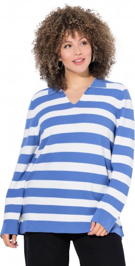 Ulla Popken Striped Polo Collar Long Sleeve Sweater Aegean Blue - Pulovere & hanorace - 