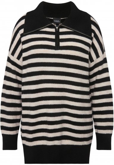 Ulla Popken Striped Troyer Collar Sweater Black - Pulovere & hanorace - 