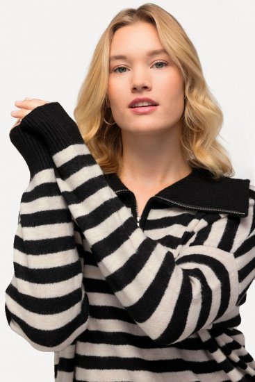 Ulla Popken Striped Troyer Collar Sweater Black - Pulovere & hanorace - Bluze, Hanorace & Tricotaje Comode