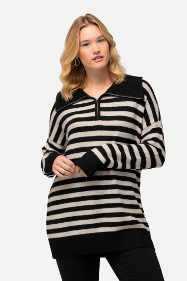 Ulla Popken Striped Troyer Collar Sweater Black - Pulovere & hanorace - Bluze, Hanorace & Tricotaje Comode