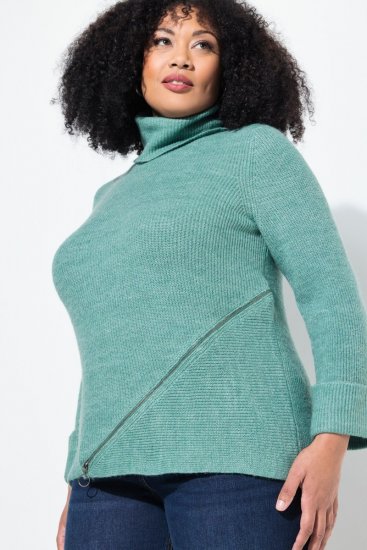 Ulla Popken Asymmetric Zipper Turtleneck Sweater Green - Pulovere & hanorace - Bluze, Hanorace & Tricotaje Comode