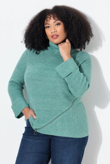 Ulla Popken Asymmetric Zipper Turtleneck Sweater Green - Pulovere & hanorace - Bluze, Hanorace & Tricotaje Comode