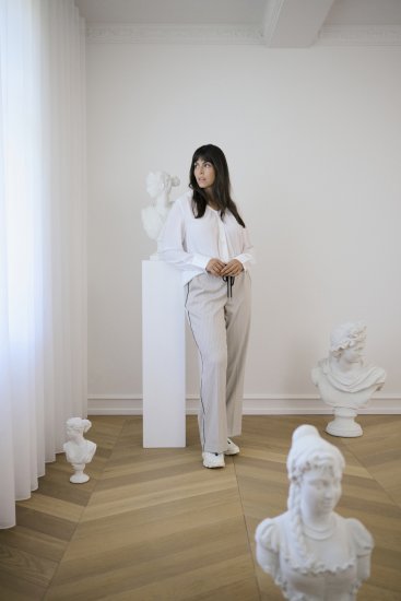 Kaffe Curve Sirana Pants Beige Melange/Black Stripe - Pantaloni din material textil - 