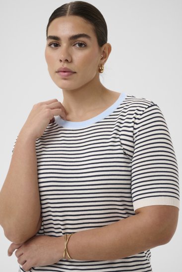 Kaffe Curve Lizzy Knit T-Shirt Chalk/Midnight Fine Stripe - Tricouri - 