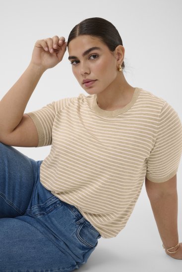 Kaffe Curve Lizzy Knit T-Shirt Feather Melange/Chalk Fine Stripe - Tricouri - 