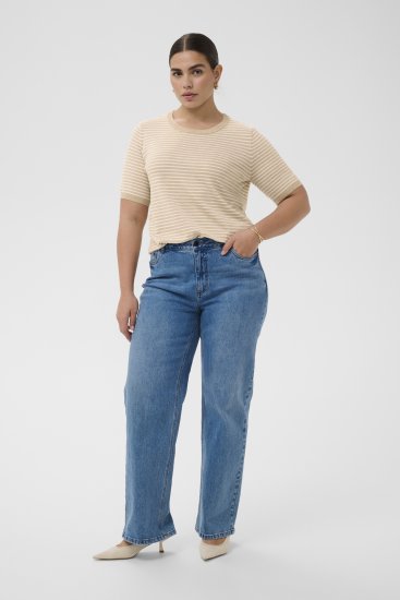 Kaffe Curve Lizzy Knit T-Shirt Feather Melange/Chalk Fine Stripe - Tricouri - 