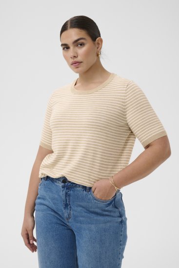 Kaffe Curve Lizzy Knit T-Shirt Feather Melange/Chalk Fine Stripe - Tricouri - 
