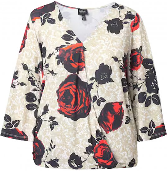 Ulla Popken Rose Print Faux Wrap Top Off-White - Tricouri - 