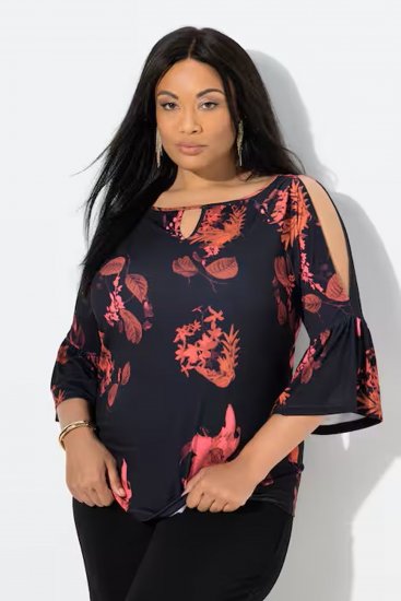 Ulla Popken Botanical Print Cold Shoulder Top Black - Tricouri - 