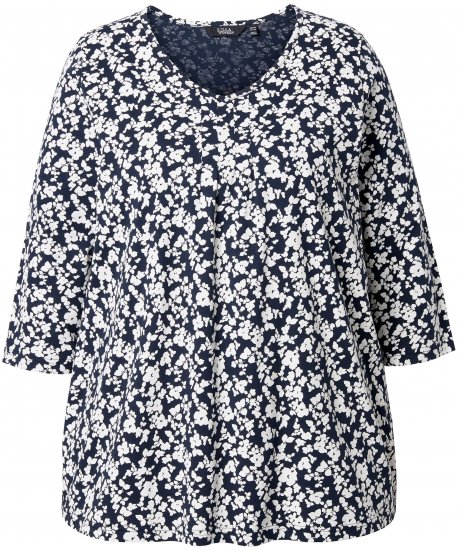 Ulla Popken Floral 3/4 Sleeve V-Neck A-Line Tee Navy - Tricouri - 