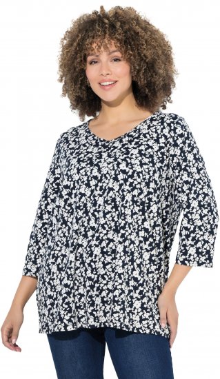 Ulla Popken Floral 3/4 Sleeve V-Neck A-Line Tee Navy - Tricouri - 