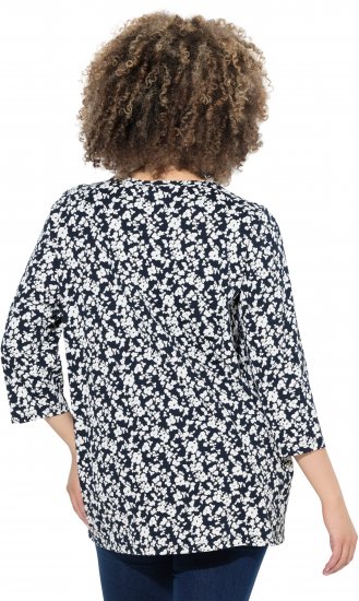 Ulla Popken Floral 3/4 Sleeve V-Neck A-Line Tee Navy - Tricouri - 