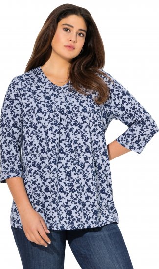 Ulla Popken Floral 3/4 Sleeve V-Neck A-Line Tee Blue - Tricouri - 