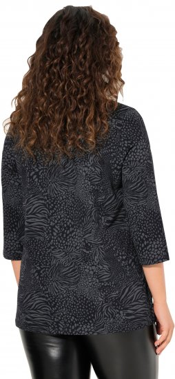 Ulla Popken Animal Print 3/4 Sleeve V-Neck Tee Black - Tricouri - 