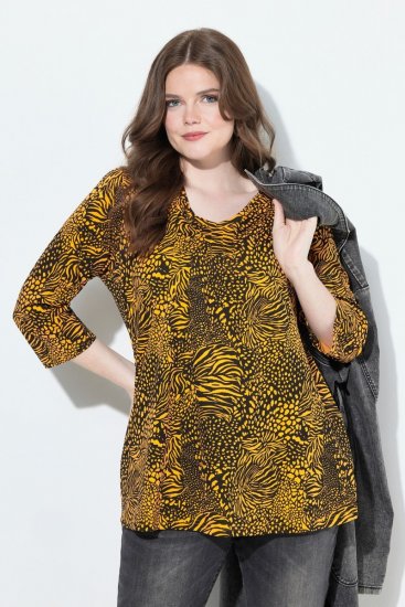 Ulla Popken Animal Print 3/4 Sleeve V-Neck Tee Neon Orange - Tricouri - Tricouri pentru femei
