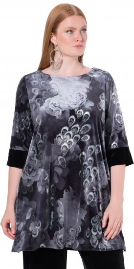 Ulla Popken Velvet Peacock Feather 3/4 Sleeve Tunic Blouse Black - Tricouri - 