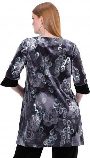 Ulla Popken Velvet Peacock Feather 3/4 Sleeve Tunic Blouse Black - Tricouri - 