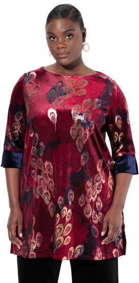 Ulla Popken Velvet Peacock Feather 3/4 Sleeve Tunic Blouse Wine Red - Tricouri - 
