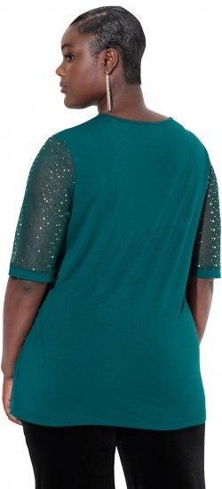 Ulla Popken Sequined Mesh Sleeve Blouse Dark Green - Tricouri - 