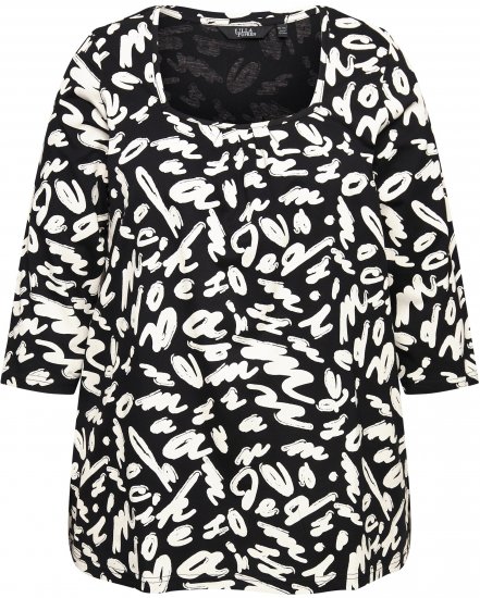 Ulla Popken Scribble Print Square Neck 3/4 Sleeve Tee Black - Tricouri imprimate pentru femei - 