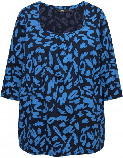 Ulla Popken Scribble Print Square Neck 3/4 Sleeve Tee Navy - Tricouri imprimate pentru femei - 
