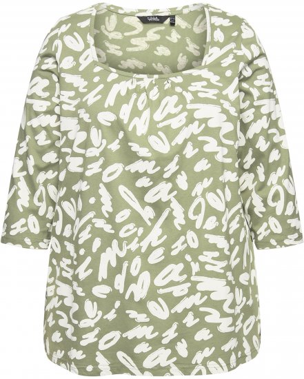 Ulla Popken Scribble Print Square Neck 3/4 Sleeve Tee Sage Green - Tricouri imprimate pentru femei - 