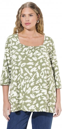Ulla Popken Scribble Print Square Neck 3/4 Sleeve Tee Sage Green - Tricouri imprimate pentru femei - 