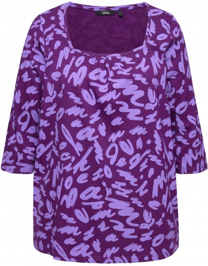 Ulla Popken Scribble Print Square Neck 3/4 Sleeve Tee Violet - Tricouri imprimate pentru femei - 