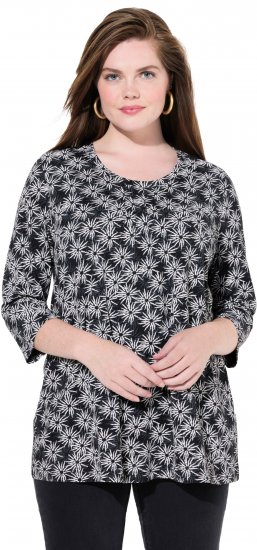 Ulla Popken Graphic Flower A-Line 3/4 Sleeve Tee Black - Tricouri - 