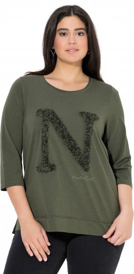 Ulla Popken Textured Lettering 3/4 Sleeve Tee Olive - Tricouri imprimate pentru femei - 