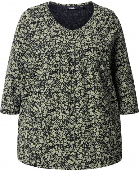 Ulla Popken Pleated Floral Print 3/4 Sleeve Tee Pond Green - Tricouri imprimate pentru femei - 