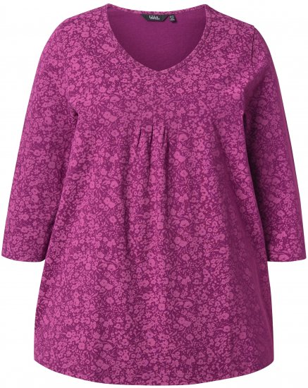 Ulla Popken Pleated Floral Print 3/4 Sleeve Tee Raspberry - Tricouri imprimate pentru femei - 