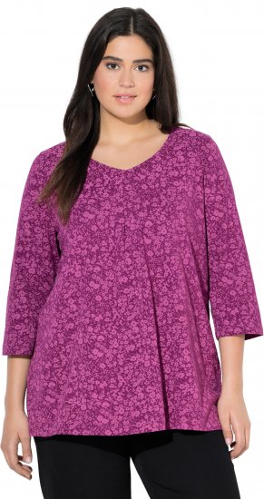 Ulla Popken Pleated Floral Print 3/4 Sleeve Tee Raspberry - Tricouri imprimate pentru femei - 