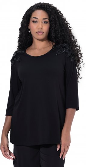 Ulla Popken Flower Epaulet 3/4 Sleeve Top Black - Tricouri imprimate pentru femei - 