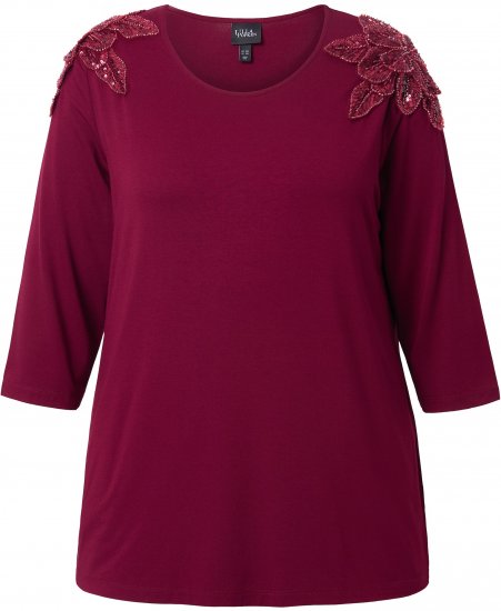 Ulla Popken Flower Epaulet 3/4 Sleeve Top Dark Cherry Red - Tricouri imprimate pentru femei - 