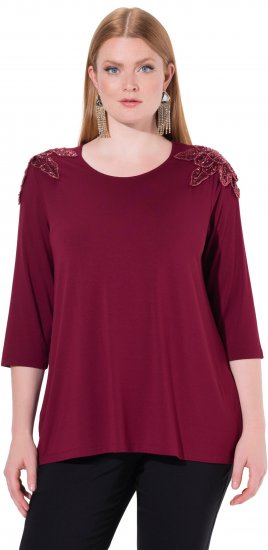 Ulla Popken Flower Epaulet 3/4 Sleeve Top Dark Cherry Red - Tricouri imprimate pentru femei - 