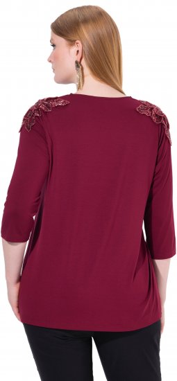 Ulla Popken Flower Epaulet 3/4 Sleeve Top Dark Cherry Red - Tricouri imprimate pentru femei - 