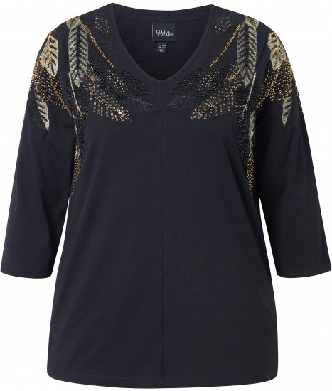 Ulla Popken Feather Beadwork 3/4 Sleeve Top Black - Tricouri imprimate pentru femei - 