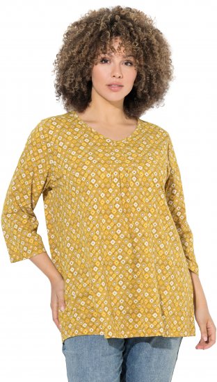 Ulla Popken Graphic Print Pleated 3/4 Sleeve Tee Mocha Brown - Tricouri - 