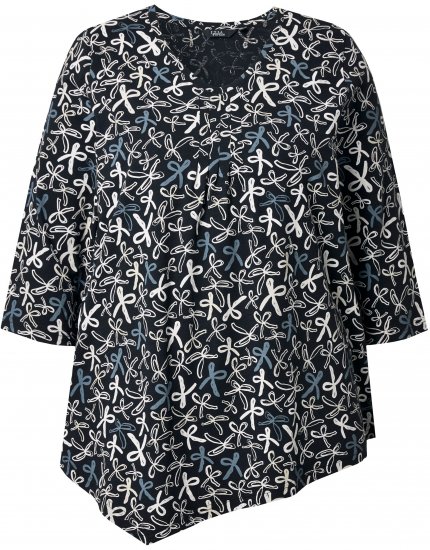Ulla Popken Ribbon Print 3/4 Sleeve Asymmetric Tee Black - Tricouri imprimate pentru femei - 