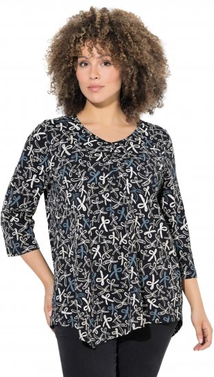 Ulla Popken Ribbon Print 3/4 Sleeve Asymmetric Tee Black - Tricouri imprimate pentru femei - 