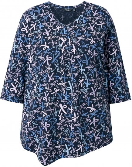 Ulla Popken Ribbon Print 3/4 Sleeve Asymmetric Tee Navy - Tricouri imprimate pentru femei - 