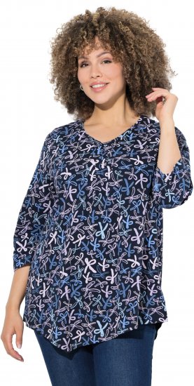 Ulla Popken Ribbon Print 3/4 Sleeve Asymmetric Tee Navy - Tricouri imprimate pentru femei - 